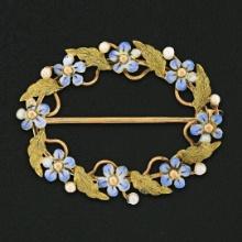 Antique 14K Gold Enamel Flower Seed Pearl & Textured Leaf Oval Wreath Brooch Pin