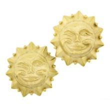 18k Yellow Gold Matte Finish Winking Sun Face Large Dome Button Clip On Earrings