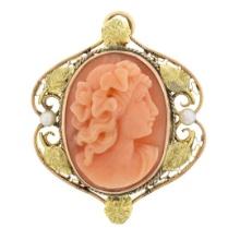 Antique Art Nouveau 10k Gold Carved Coral Cameo w/ Leaf Frame Pin Brooch Pendant