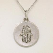 14K White Gold.18 ctw Diamond Hand of Fatima Hamsa Hand Disk Pendant w/16" Chain