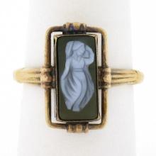 Antique 10k Gold Bezel Rectangular Carved Hard Stone w/ Open Frame Cameo Ring