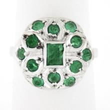 Vintage 14k White Gold 1.0 ctw Bezel Green Emerald Platter Cluster Cocktail Ring