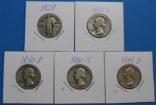 Lot of 5 90% Silver Standing Liberty/Washington Quarters - Various Years