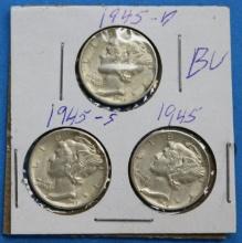 Lot of 3 Silver Mercury Dimes 1945, 1945-D, 1945-S