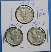 Lot of 3 Silver Mercury Dimes 1939-S, 1941-D, 1945-D