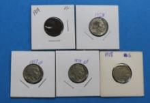 Indian Head 5C Buffalo Nickel Lot - 5 Coins total