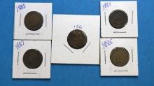 Lot of 5 Indian Head One Cent Pennies - 1885, 1886, 1887, 1893, 1895
