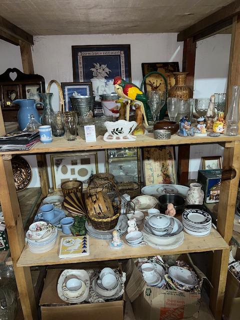 Shelf, contents, three shelves, dishes, China, pottery