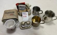 Old Robson shaver, pewter cups and salt pepper shaker
