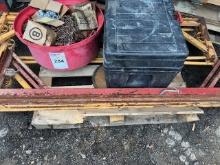 chain , level , jack , tools , black box , red bucket , braces for scaffold , pallet