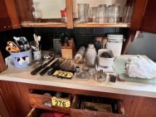 LOT OF ASSORTED KITCHEN UTENSILS: KNIVES, CUTTING BOARDS, BAKEWARE, MEAT TENDERIZER