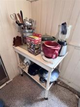 LOT OF SMALL KITCHEN APPLIANCES W/ 2-SHELF PORTABLE APPLIANCE STAND: