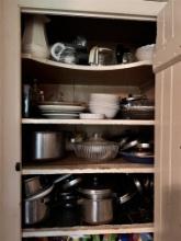 CONTENTS IN 2-CABINETS: REVERE COOKWARE, POTS & PANS, COFFEE POTS, DINNER PLATES & BOWLS, MISC.