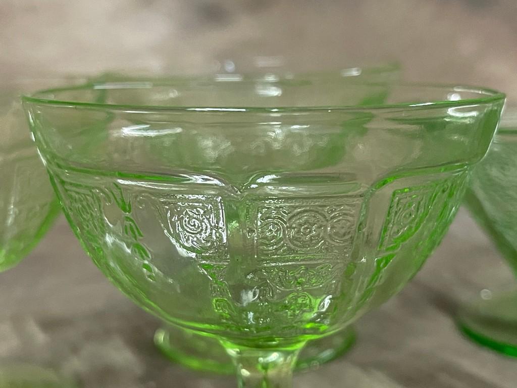 Lot of Green Depression Glass Sherberts and Two Divided Serving Bowls