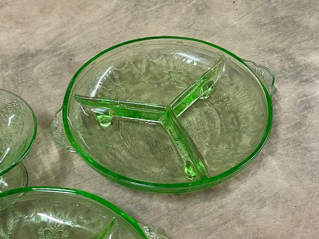 Lot of Green Depression Glass Sherberts and Two Divided Serving Bowls