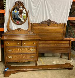 Antique Three-Quarter Oak Head and Foot with Side Rails and Dresser with Mirror