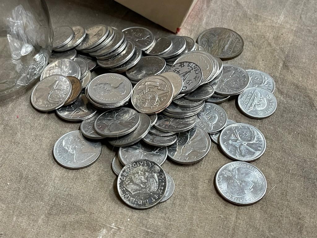 Braves Cigar Box with Pennies and Jar of Quarters and International Coins