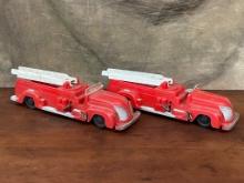 2 Antique Plastic Windup Ladder Fire Trucks