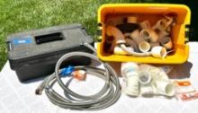 Plastic Carry-All Tool Box w/ tray top and plumbing Items