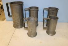 FIVE EARLY PEWTER TANKARDS