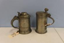 TWO COVERED PEWTER FLAGONS