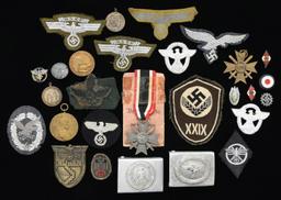 MOSTLY WWII GERMAN BELT BUCKLES, MEDALS, CLOTH, &