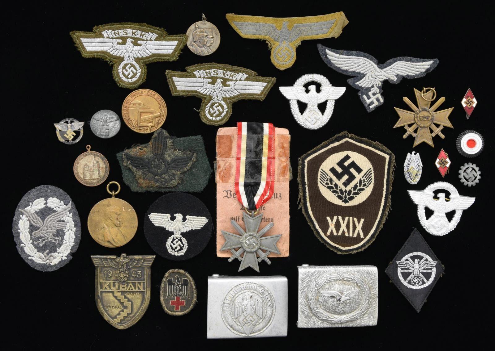 MOSTLY WWII GERMAN BELT BUCKLES, MEDALS, CLOTH, &