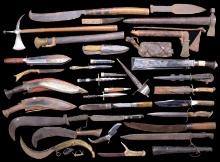 LARGE GROUP OF KNIVES, HAND AXES, & OTHER EDGED