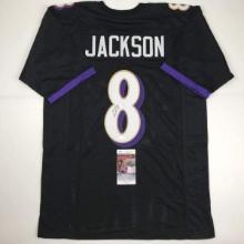 Autographed/Signed Lamar Jackson Baltimore Black Football Jersey JSA COA