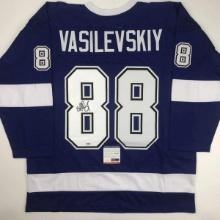 Autographed/Signed Andrei Vasilevskiy Tampa Bay Blue Hockey Jersey PSA/DNA COA