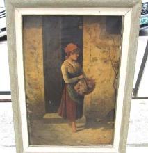 19th C signed ?Lang?? Oil on Canvas Flower Girl