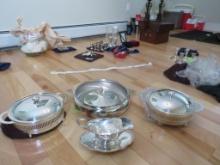 (2) Silver Plate Dish Holders (1) Gravy Boat and Etc.