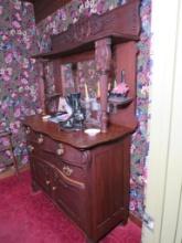 Victorian Oak Bow Front Chest of Drawers w/ Mirror Back Dresser