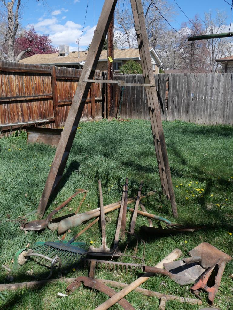 8' Wooden Ladder with Yard Tools