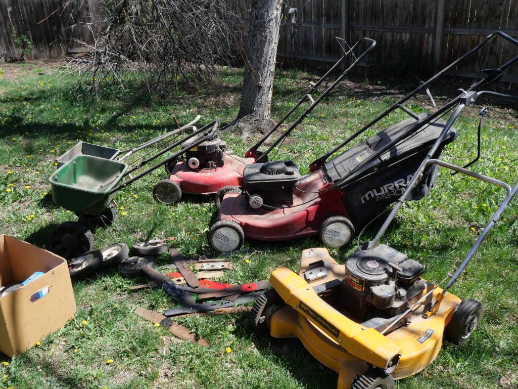 Three Lawn Mowers & Two Spreaders