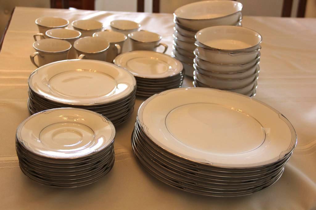 Classic White and Silver Noritake China Set 56 Pieces