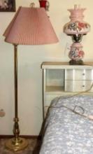 Mid-Century Glass and Brass Table Lamp and Brass Floor Lamp