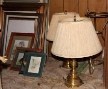 Pair of Brass Table Lamps and Mixed Wood Frames