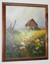 Framed Painting of Flowering Prairie and Barn Signed Gordon Smith