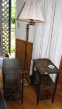 Pair of Dark Wood Side Tables with Built-In Outlets and Brass Floor Lamp