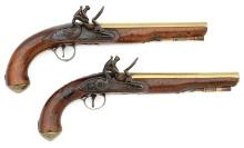 Pair of British Brass-Barreled Flintlock Holster Pistols by Ketland & Adams