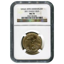 Certified American $25 Gold Eagle 2011 MS70 NGC 25th Anniversary