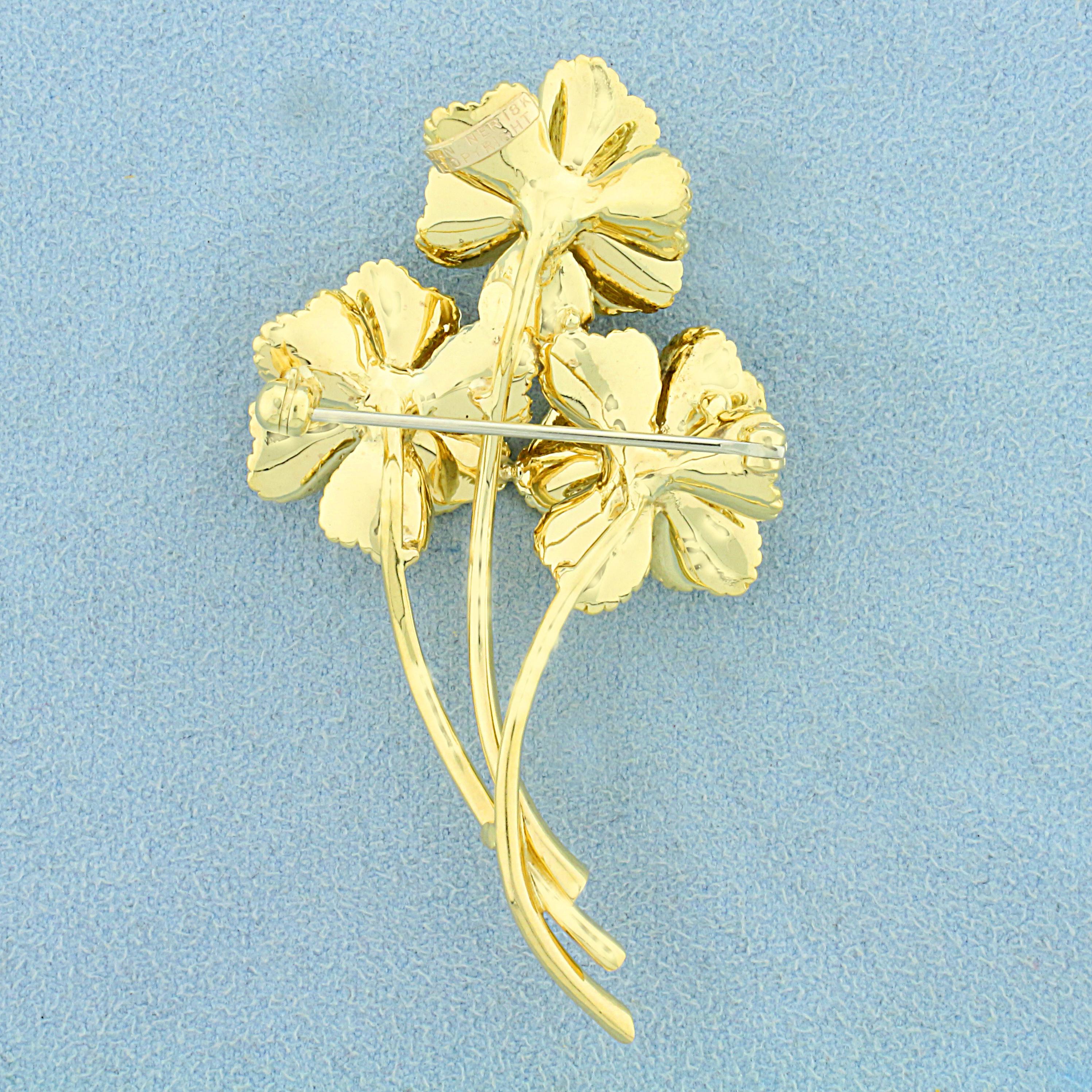 Vintage Dankner Emerald, Sapphire, Ruby, And Diamond Flower Pin In 18k Yellow Gold