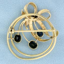 Vintage Sapphire Bow Design Pin In 14k Yellow Gold