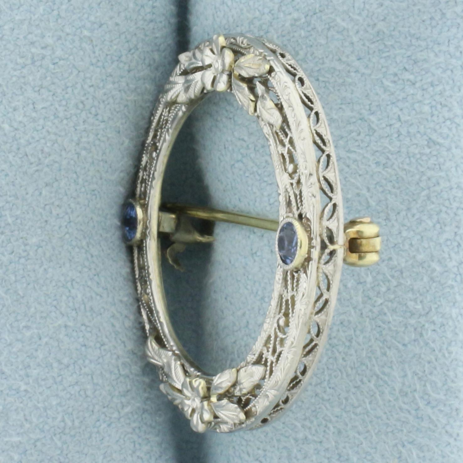 Antique Art Deco Filigree Sapphire Circle Pin In 14k White Gold