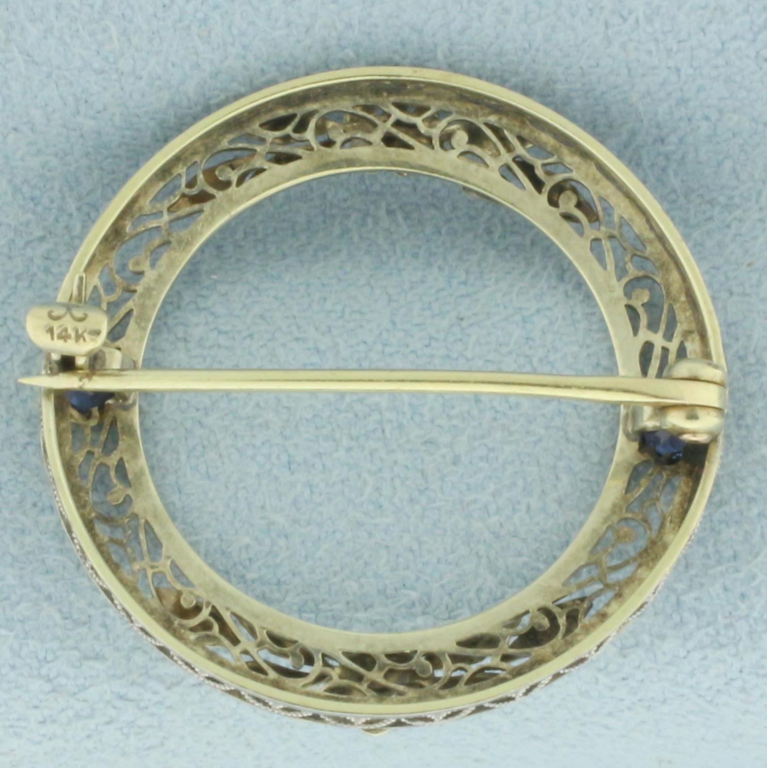 Antique Art Deco Filigree Sapphire Circle Pin In 14k White Gold