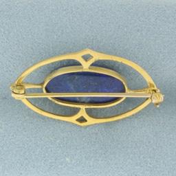 Vintage Lapis Lazuli Pin Brooch In 10k Yellow Gold
