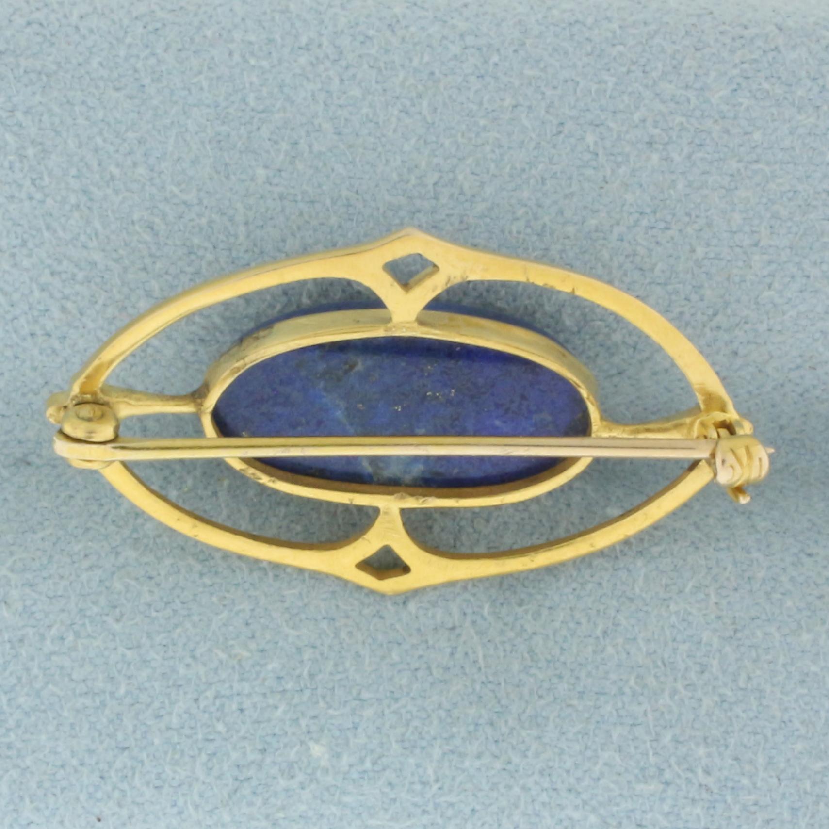 Vintage Lapis Lazuli Pin Brooch In 10k Yellow Gold
