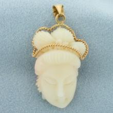 Vintage Hand Carved Angel Skin Coral Asian Women Pendant In 14k Yellow Gold