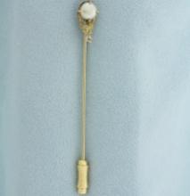 Antique Pearl And White Sapphire Stick Pin In 14k Yellow Gold